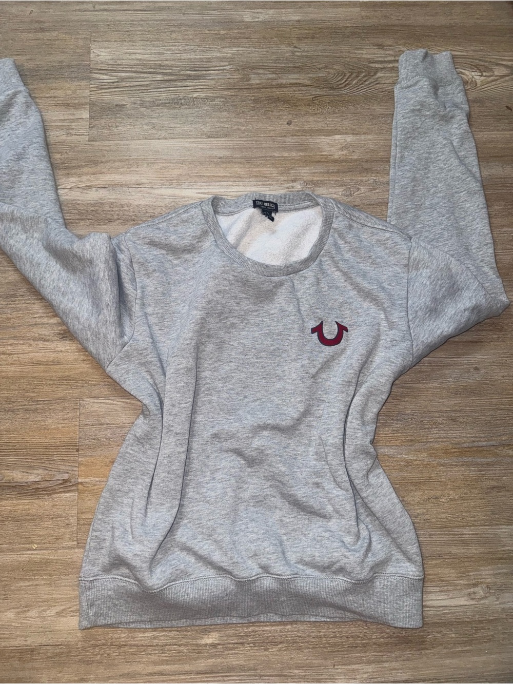 True Religion Light Gray Crewneck Sweatshirt with Maroon Logo